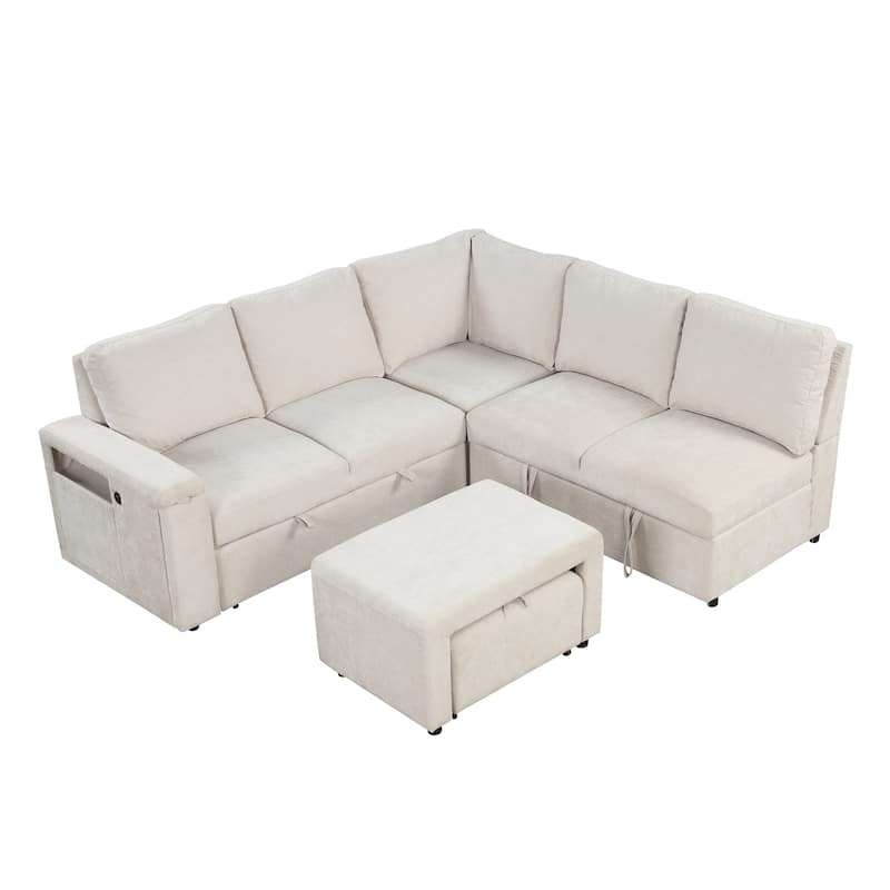 L-shaped Padded Modular Sofa with Storage Space,USB Ports,and Cup Holders on the Armrests,Suitable for Living Rooms,Offices