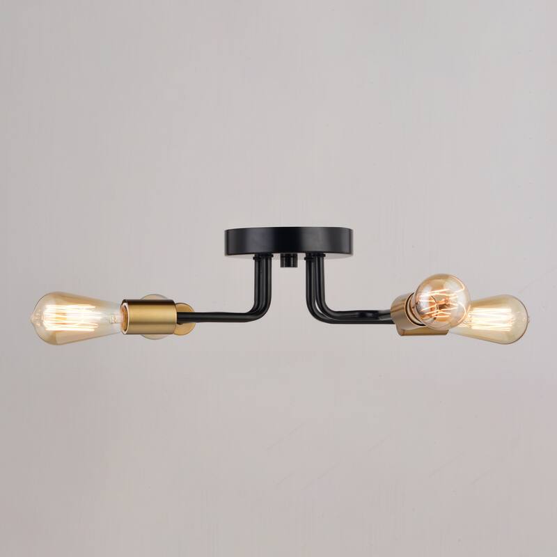 Rhine 15.75-in W LED Compatible Matte Black and Gold Brass Industrial Semi Flush Mount Ceiling Light Exposed Bulbs