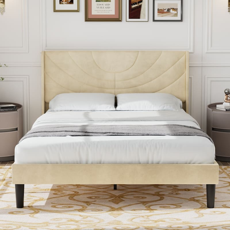 Javlergo Upholstered Bed Frame with Wingback Panel Headboard, No Box Spring Needed - Beige - Full