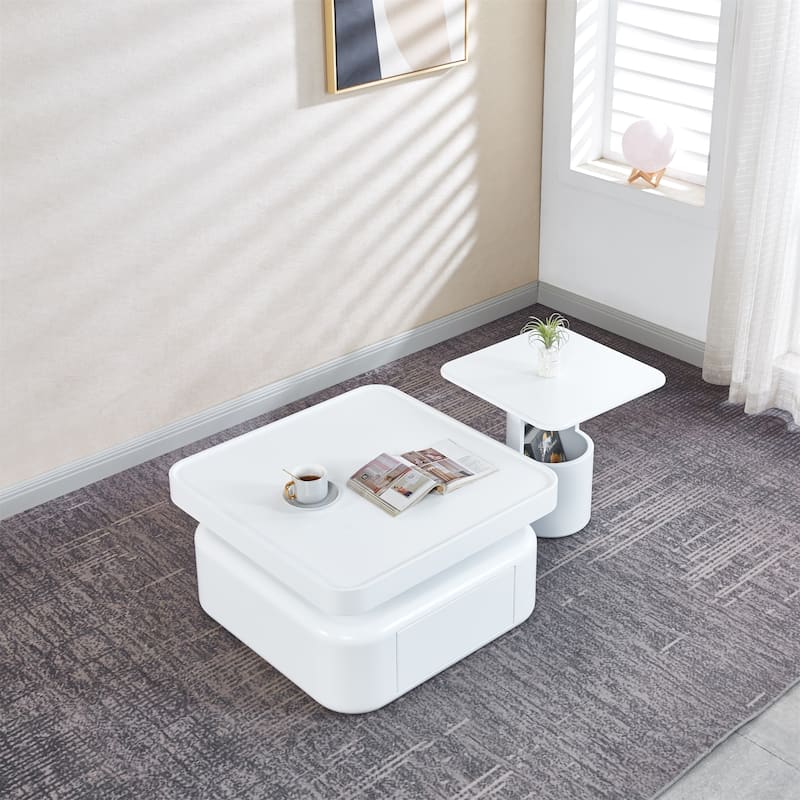 2 Pieces White MDF Square Coffee Table Set