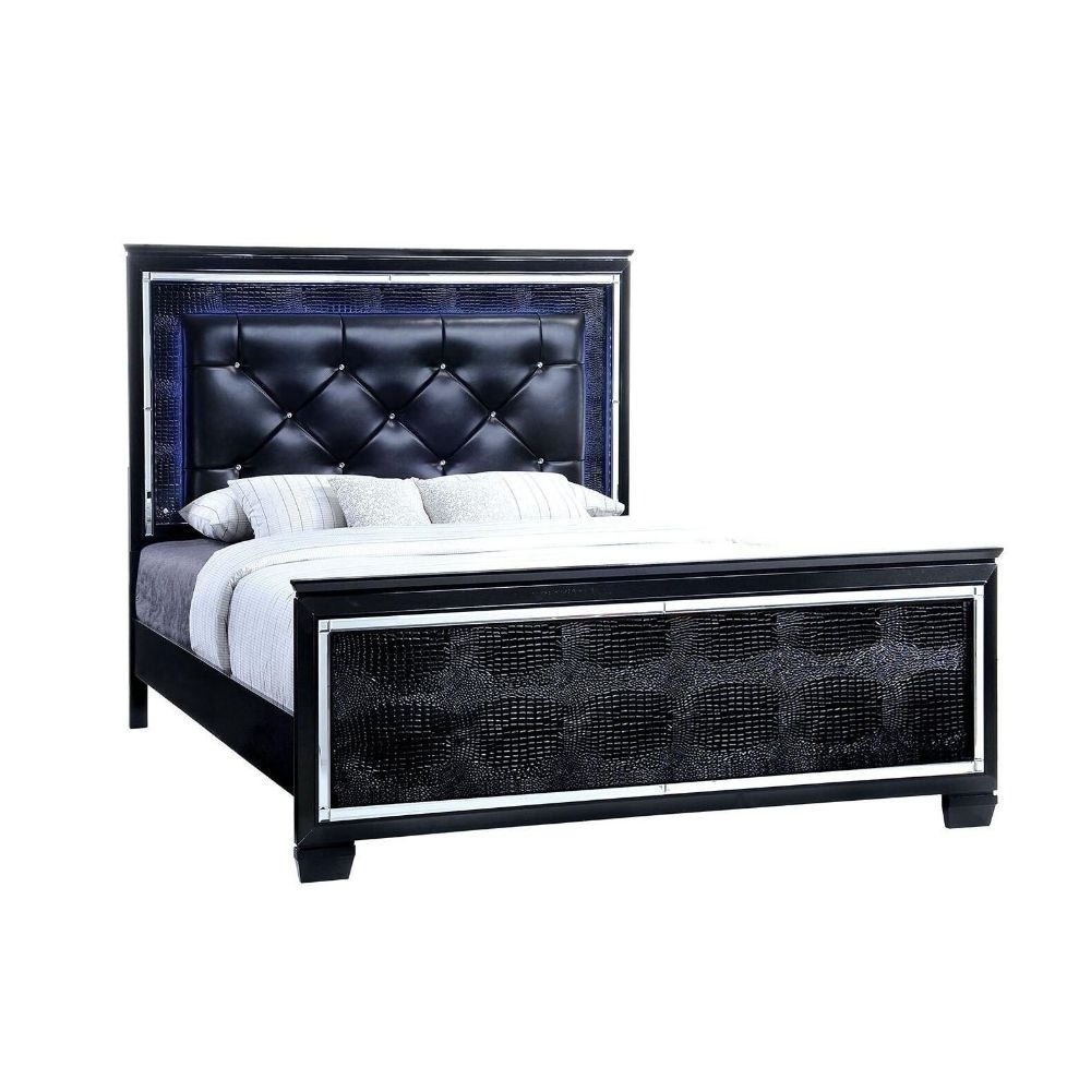 Black Tufted Platform Bed with LED Headboard, Queen Size