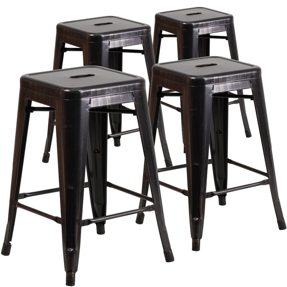 4 Pack 24"H Backless Metal Indoor-Outdoor Counter Height Stool w/Square Seat