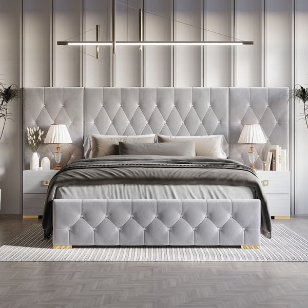 CraftPorch Luxurious Velvet Tufted Platform Bed with Wall Panels Bed