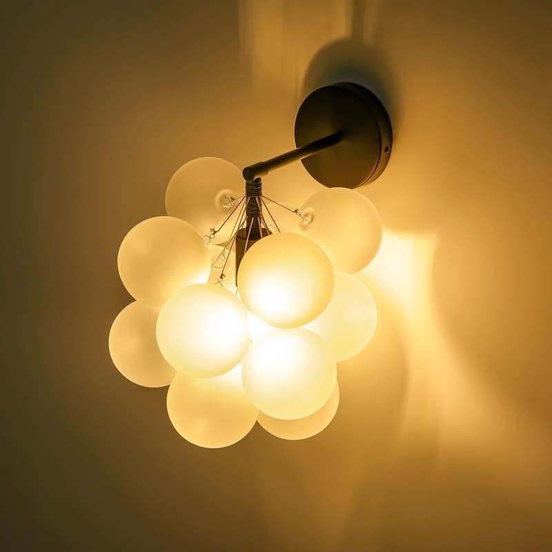 1-Light Modern Glam Dimmable Black Frosted Opal Glass Globe Bubble Wall Light - 11.8 in. W x 11.8 in. H x 14.1 in. D