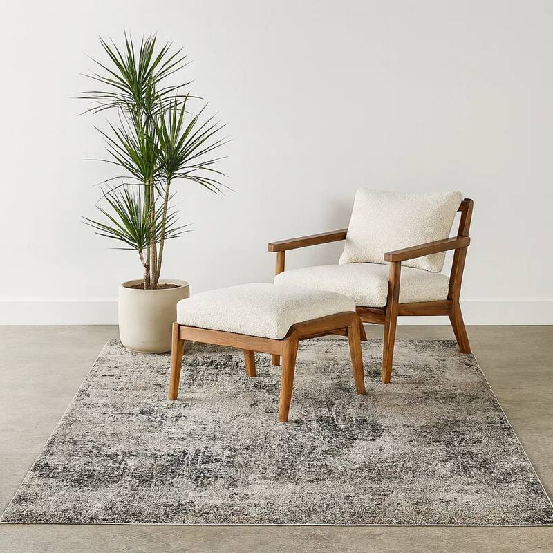 Elanor 5 x 7 Area Rug, Modern Abstract Design, Gray Polyester, Jute Backing - 5 x 7