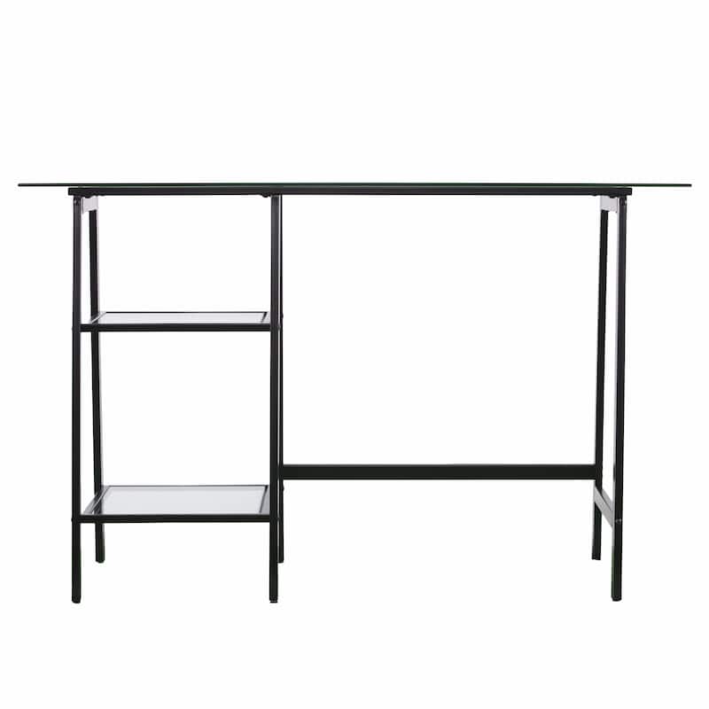 Clear Glass Black Metal Writing Desk with Shelves and Rectangular Desk