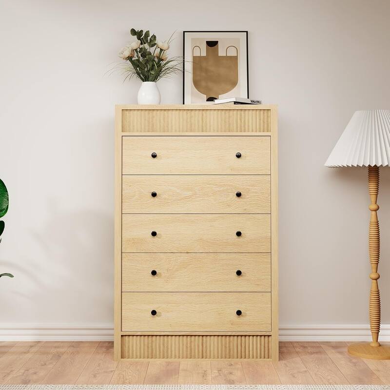 Modern 5 Drawer Dresser, Fluted Storage Cabinet for Bedroom