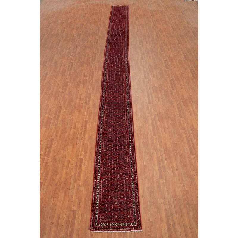 Hand Knotted Oriental 100% Wool Carpet Traditional Geometric Red Hossainabad Runner Rug - 31' 6'' X 2' 8''