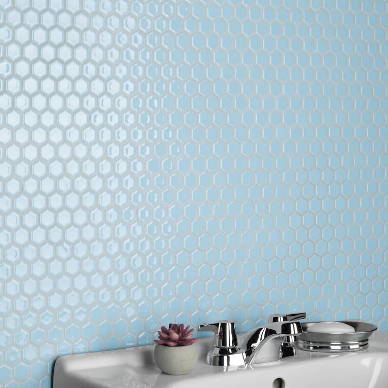 Merola Tile Hudson 1" Hex Cashmere Blue 11-7/8" x 13-1/4" Porcelain Mosaic Floor and Wall Tile