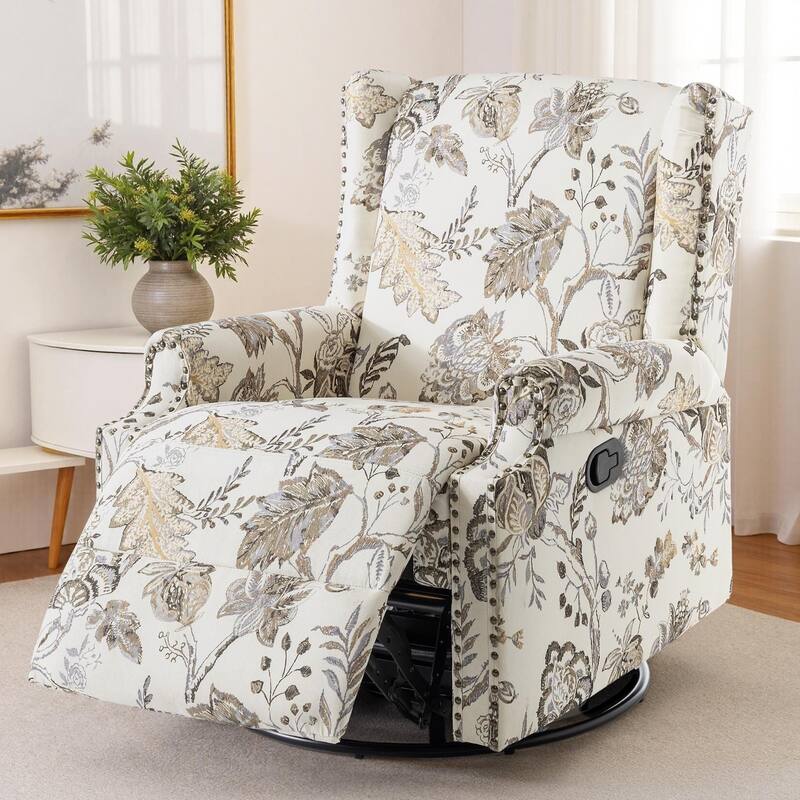 Patterned Linen Swivel Manual Push-Back Recliner Chair - Plants Beige