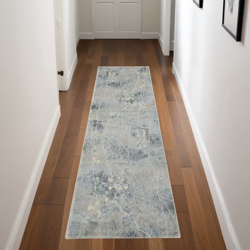 Caki Power Loomed Floral Traditional Area Rug By HomeRoots - 96' X '27' X '0.5 - 96' X '27' X '0.5 - Oxford Blue - Runner