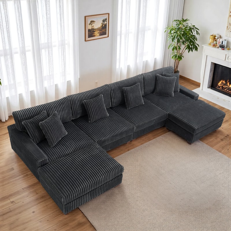 Anne 150" W Upholstered Plush Corduroy Modular Sectional Sofa