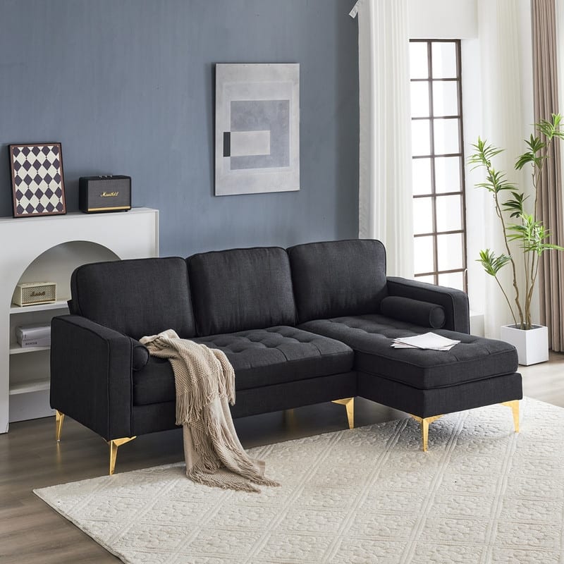 3-Seater Golden Tripod Legs Indoor Modular Sofa - Black Linen