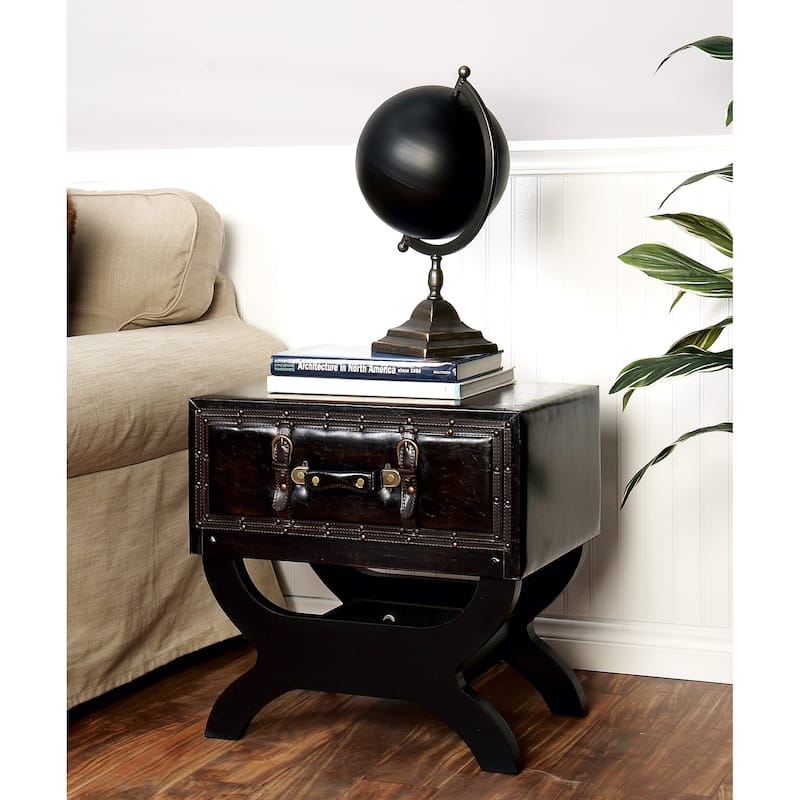 Brown Faux Leather Vintage Style Single Drawer Accent Table with Curved Legs - Brown