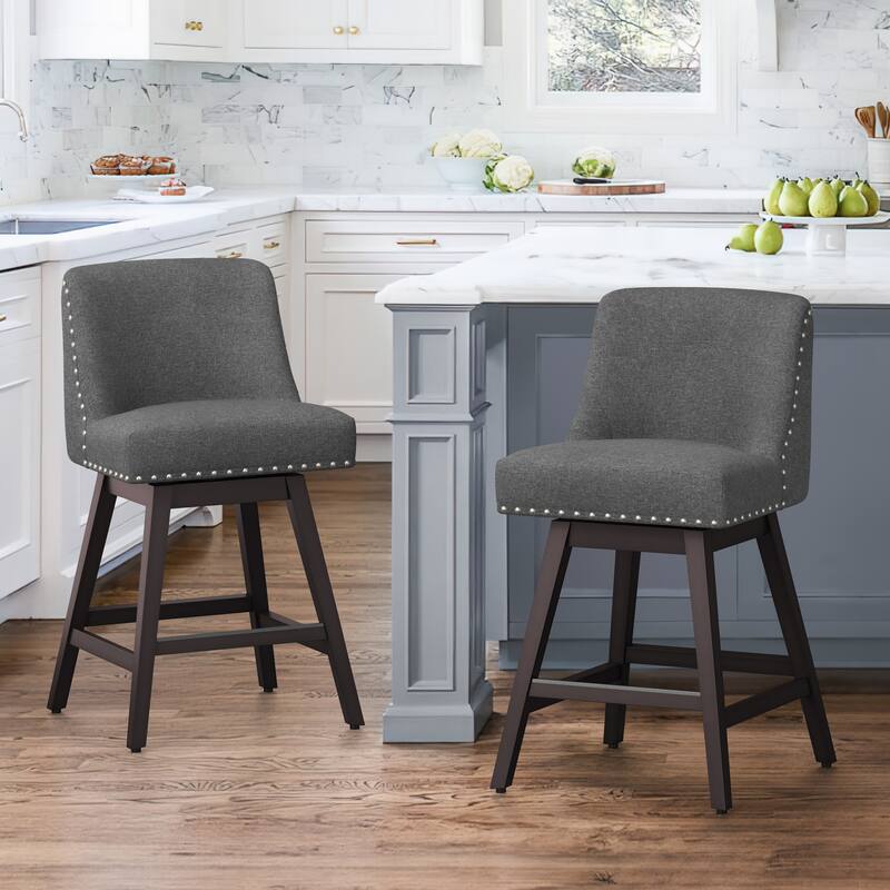 26 in. H Counter Height 360 Free Swivel Bar Stools Upholstered Wooden Counter Stools with Back - Set of 2 - Grey