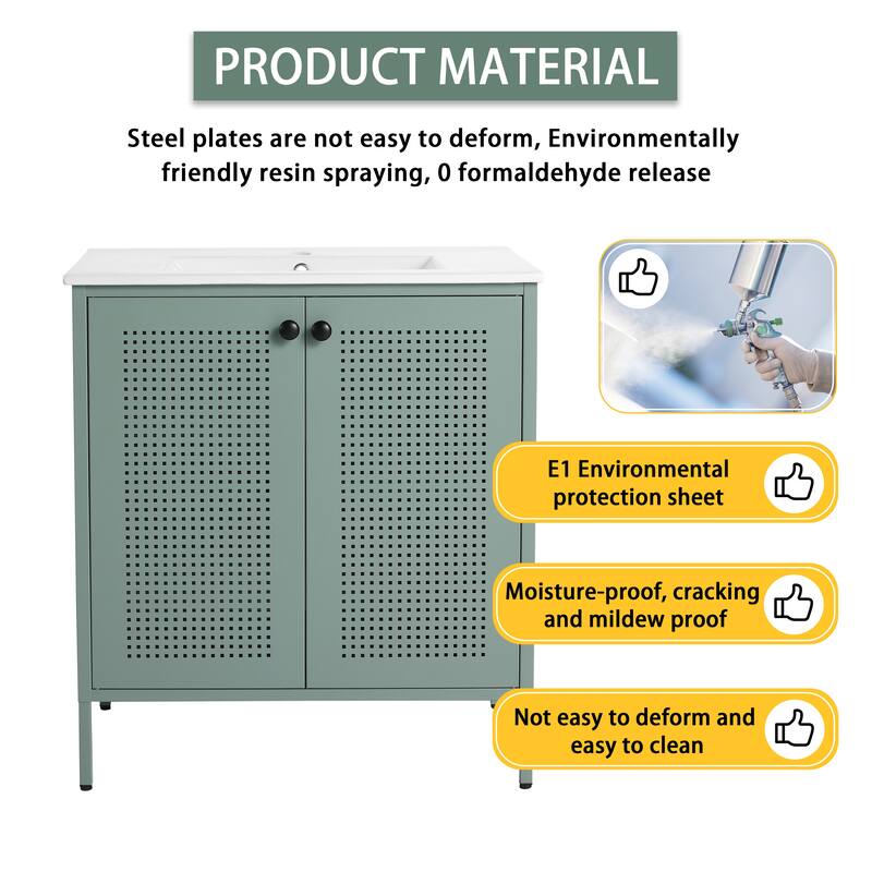 Freestanding Bathroom Vanity with Ceramic Sink, Adjustable Shelves, Cold Rolled Steel Cabinet, Double Door Design, Modern Style