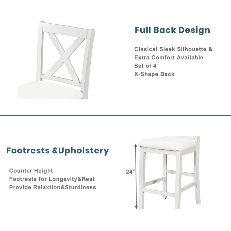 Rustic Farmhouse 5-Piece Counter Height Dining Set with 4 Upholstered Chairs and 3-Tier Storage Shelf for Dining Spaces