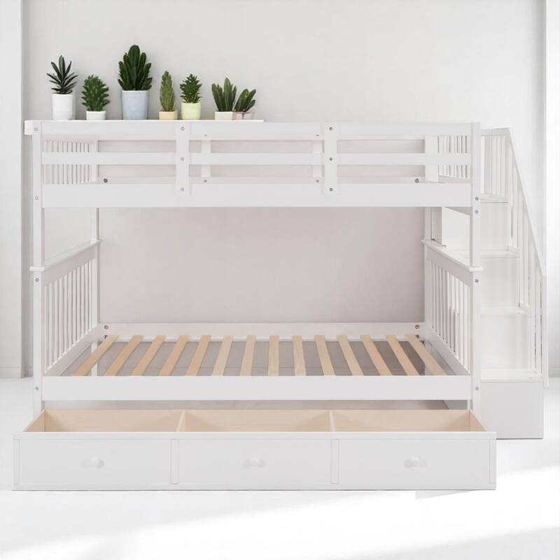 Full Over Full Bunk Bed with Storage Staircase and Shelves, Convertible Design, No Box Spring Needed,kid beds