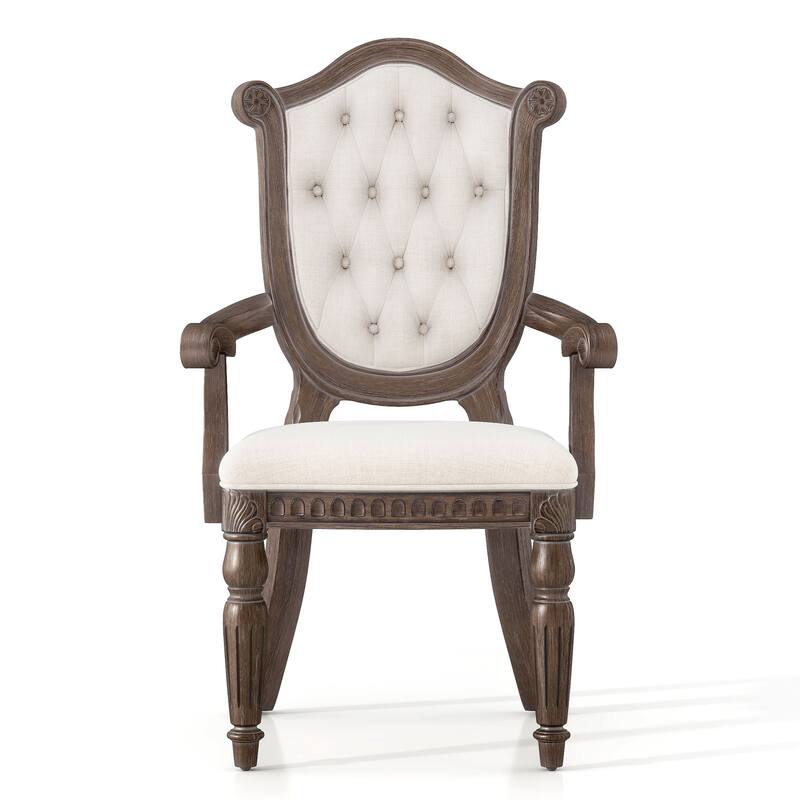 Furniture of America Cassian Traditional Weathered Oak Padded Dining Arm Chairs with Button Tufted Back (Set of 2)