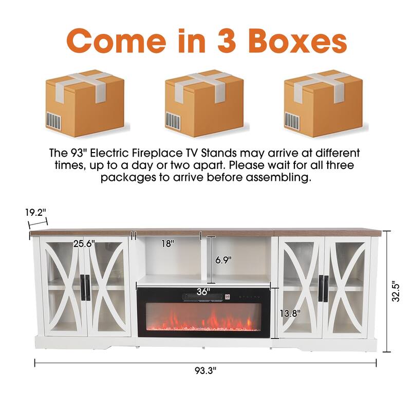 93" Farmhouse White Barn Door Storage Cabinets Fireplace TV Stand with 36" Electric Fireplace for TVs Up to 100"