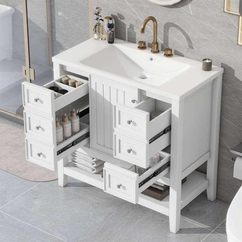 36" Bathroom Vanity with Ceramic Sink，Freestanding Bathroom Vanity Cabinet with 1 Door, 3 Storage Drawers and Adjustable Shelf - White