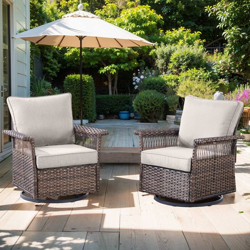 Pocassy Outdoor Swivel Chairs with Sofa Chair Ottoman and Table Set - Brown Wicker Beige Cushion - 2-Piece Swivel Chair