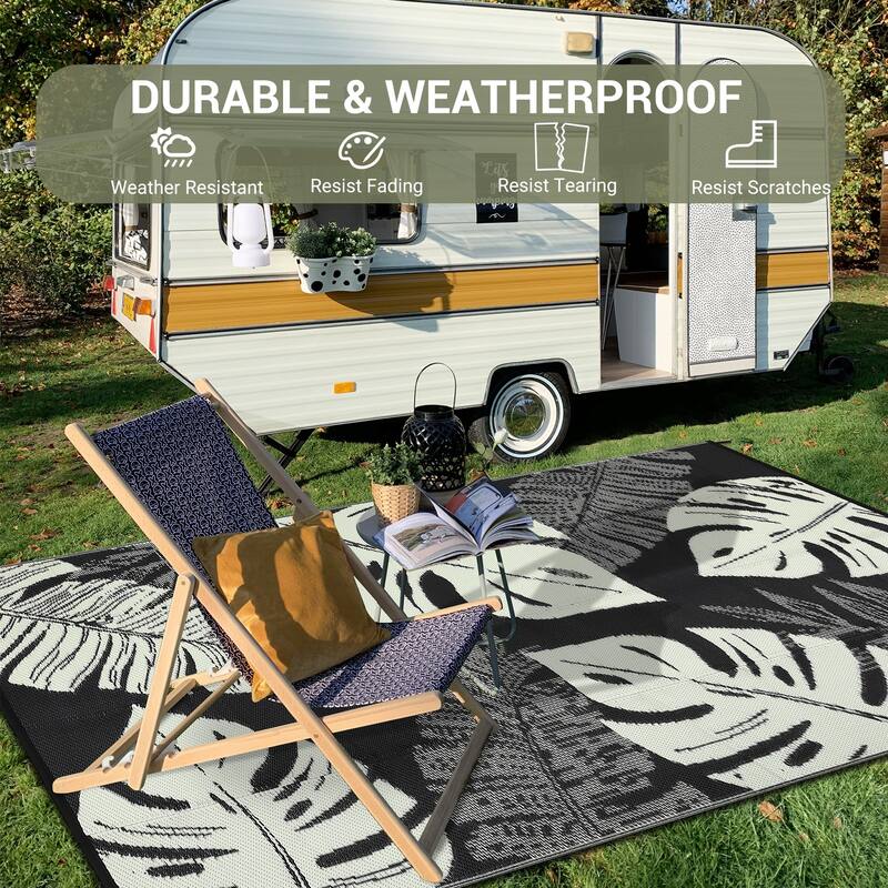 Outdoor Rug Waterproof Reversible Rug Modern Leaves Plastic Straw Area Rug