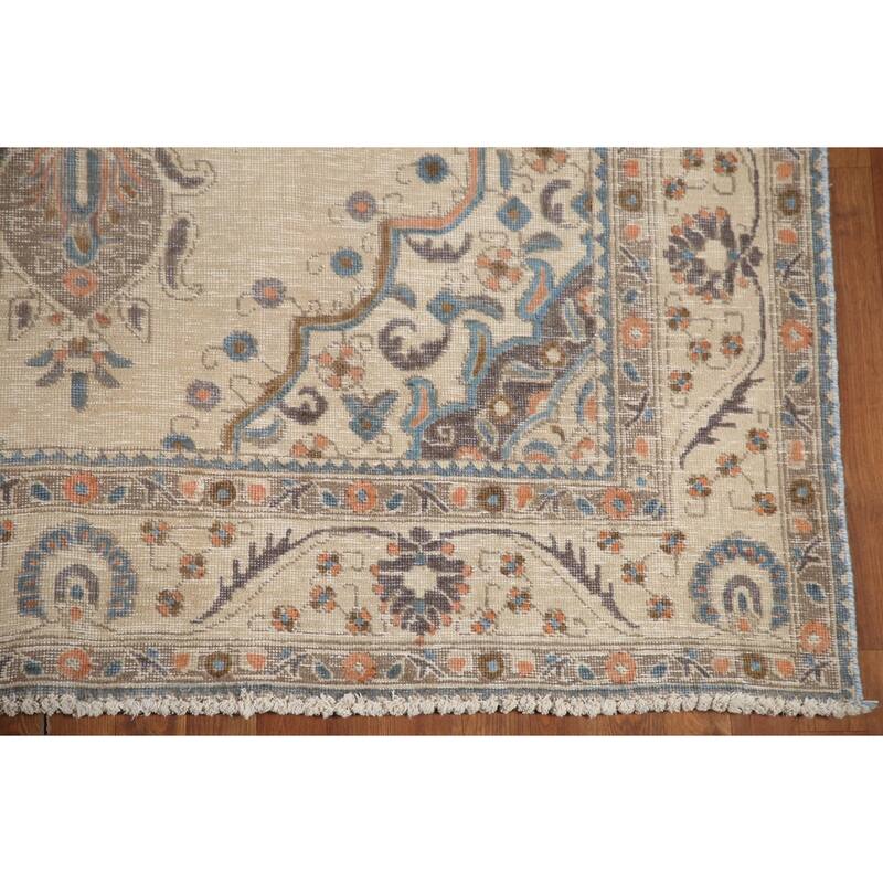 Hand Knotted Oriental 100% Wool Carpet Traditional Medallion Beige & Ivories Tabriz Area Rug - 9' 5'' X 6' 5''
