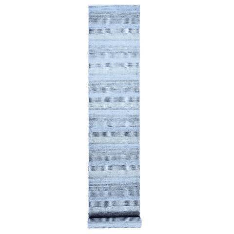 Shahbanu Rugs Navy Blue Hand Knotted Wool and Silk Modern Grass Design Gabbeh Densely Woven XL Runner Oriental Rug (2'7"x16'1")