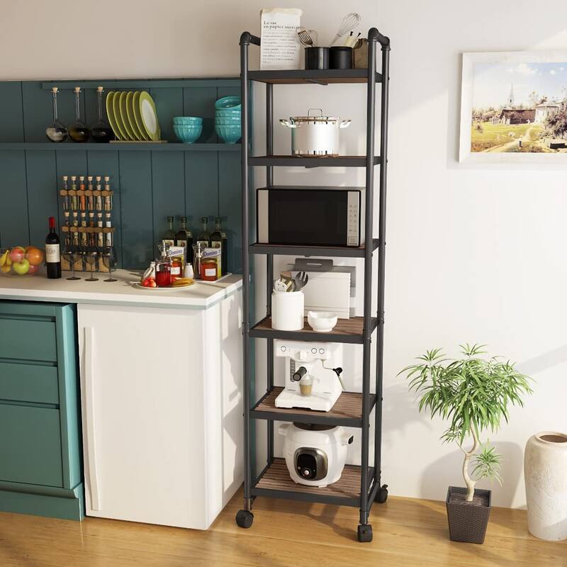 Mieres 63.5 in. H x 16.1 in. W x 12.2 in. D Industrial Style 6-Tier Shelving Unit with Lockable Casters - Brown