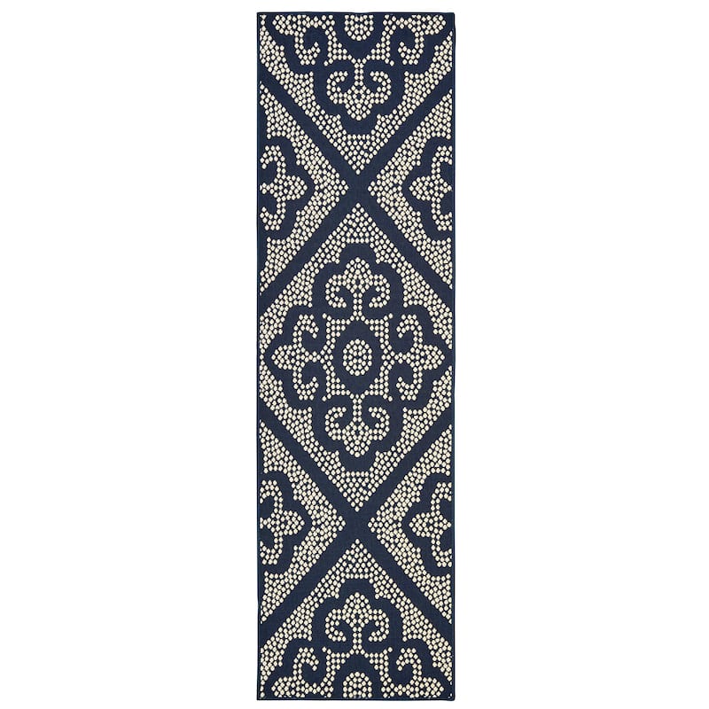 Style Haven Marianna Medallion Lattice Navy/Beige Indoor-Outdoor Rug - 2'3" x 7'6" Runner - Navy/Off-White