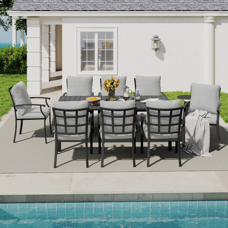 IvyGlow 9-Piece Black Metal Patio Dining Set with Rectangular Table and Gray Cushions