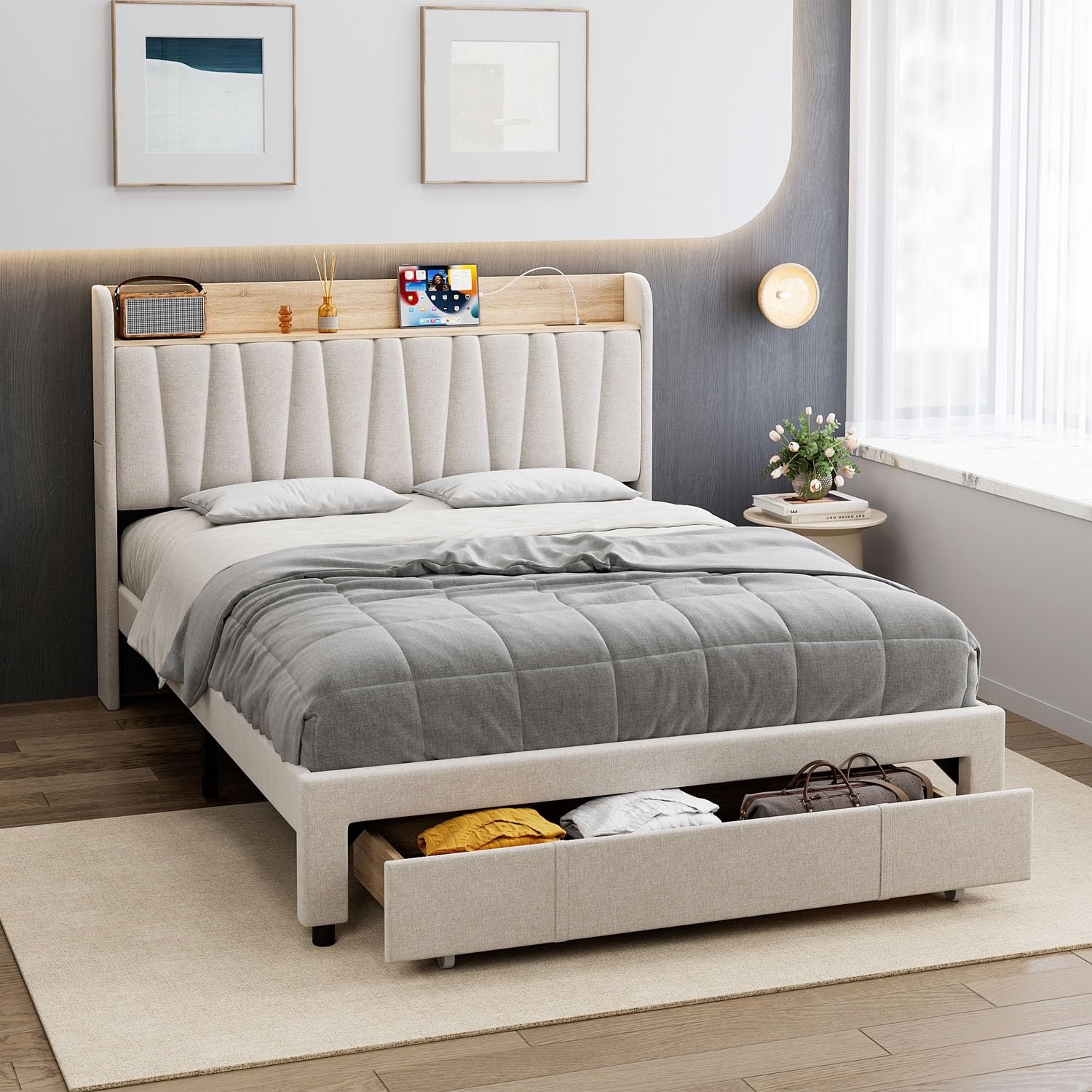 Full Size Bed Frame with Drawer, Upholstered Platform Bed Frame