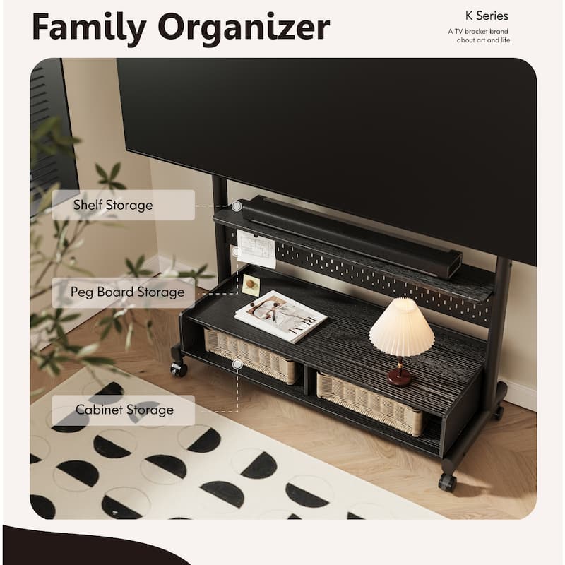 FITUEYES Rolling Floor TV Stand Mount for 70-100 Inch TVs ,with Two Wooden Large Storage