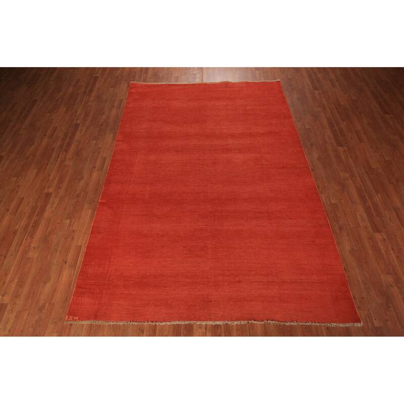 Modern Gabbeh Area Rug Hand-Knotted Orange Wool Carpet - 6'7" x 9'6"