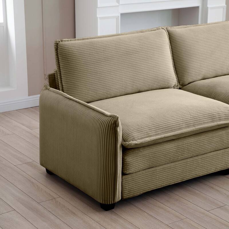 Tan 3-piece Corduroy Upholstered L-Shaped Modular Sectional Sofa with Removable Ottoman, 4 Pillows, and Free Combination