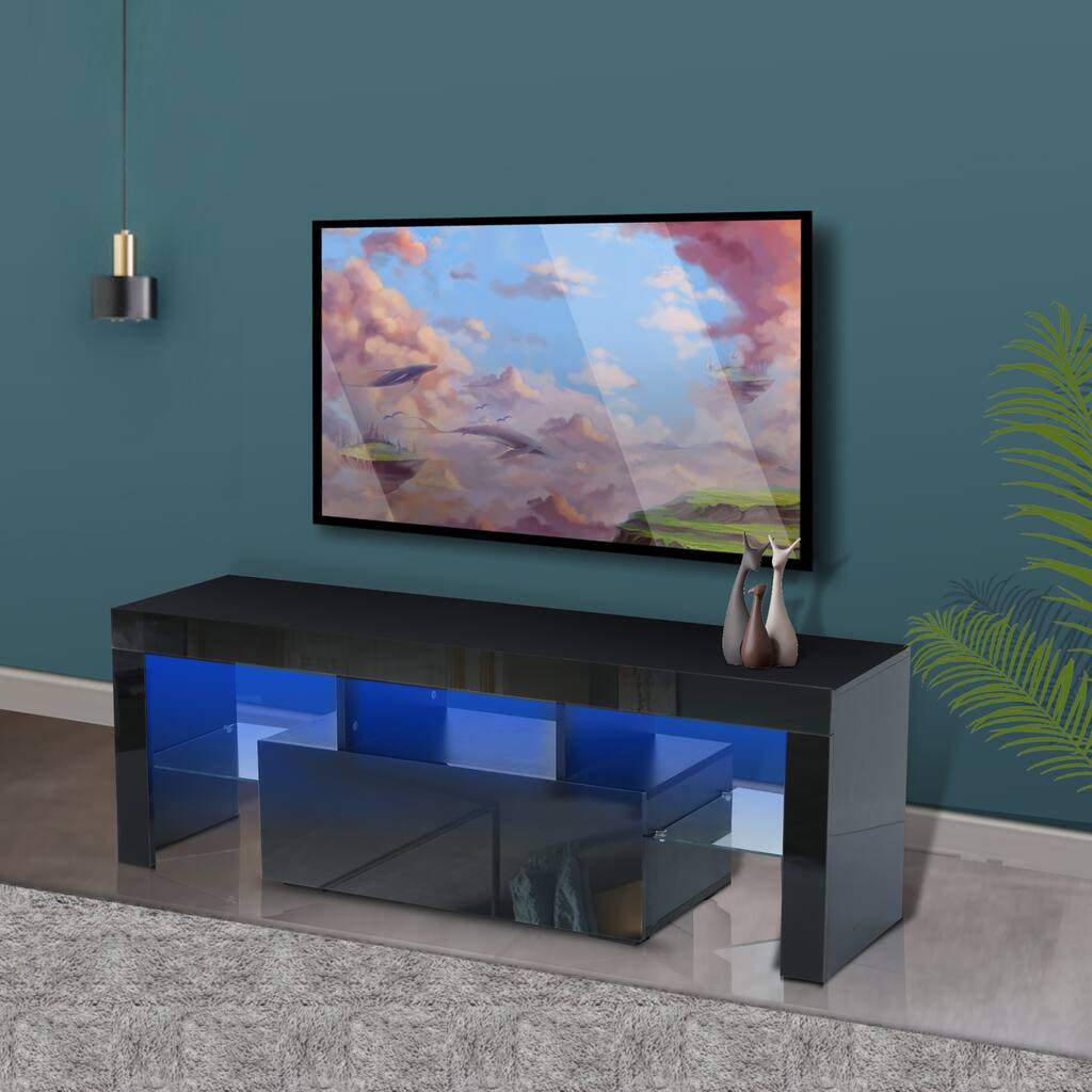 51''L High Glossy TV Console RGB LED Lights TV Stand with 1 Big Center Drawer, 2 Side Glass Shelf and 3 Middle Upper Shelf