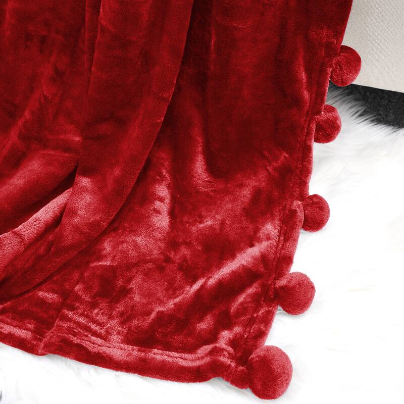 Pompom Flannel Fleece Throw