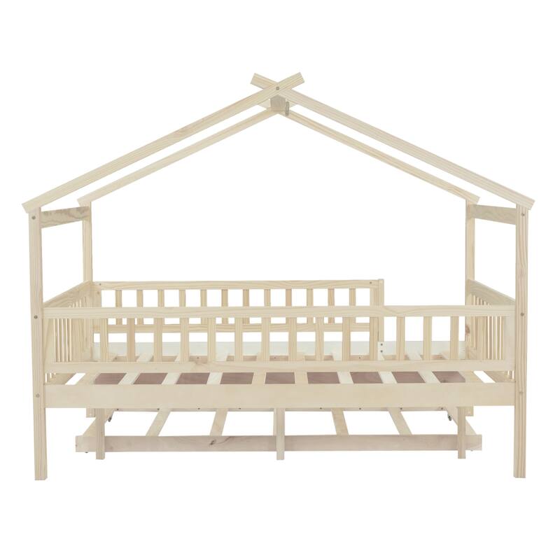 Full Size Wooden House Bed with Twin Trundle, Natural Finish