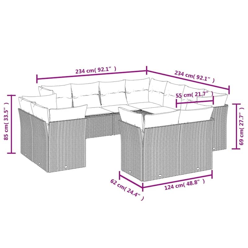 vidaXL Patio Sofa Set with Cushions Outdoor Conversation Furniture Poly Rattan - 21.7" x 24.4" x 27.2"