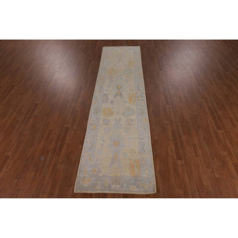 Oushak Vegetable Dye Runner Rug Hand-Knotted Wool Carpet - 3'1"x 11'6"