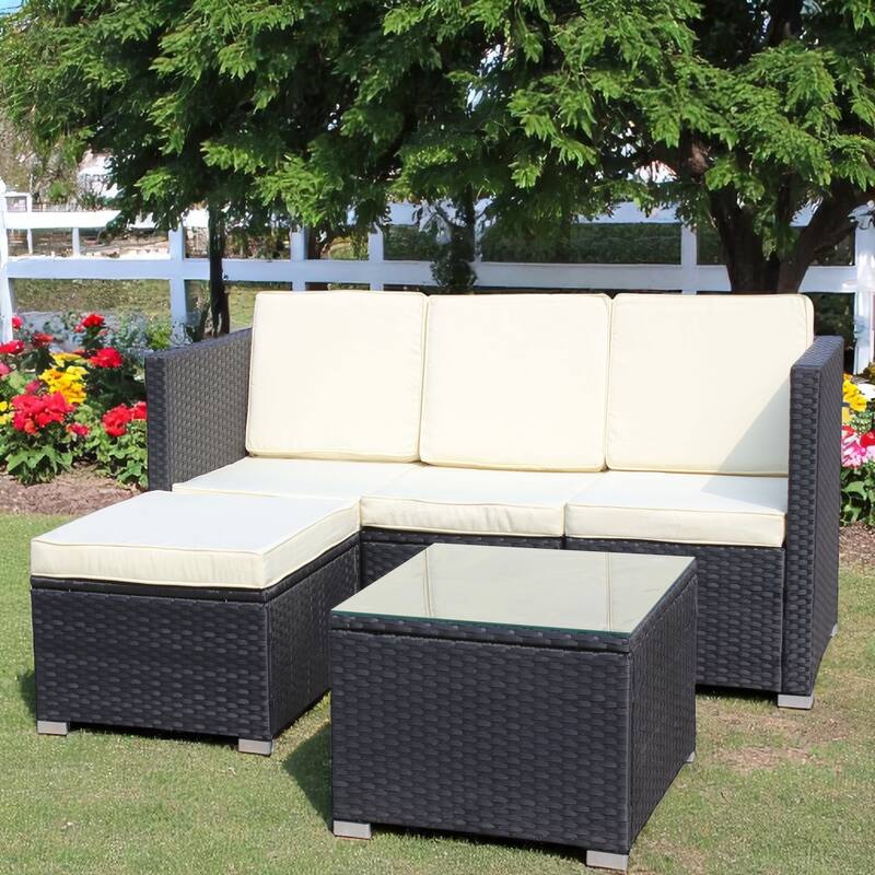 5-Piece Outdoor PE Rattan Patio Furniture Set,outdoor Sectional Sofa with Ottoman, Tea Table & Cushions,Tempered Glass Tabletop