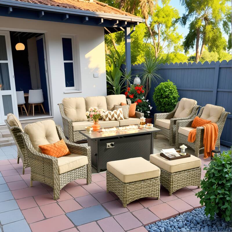 HOOOWOOO 8-piece Patio Wicker Chat Set Outdoor Conversation Sofa Set with Fire Pit - Beige