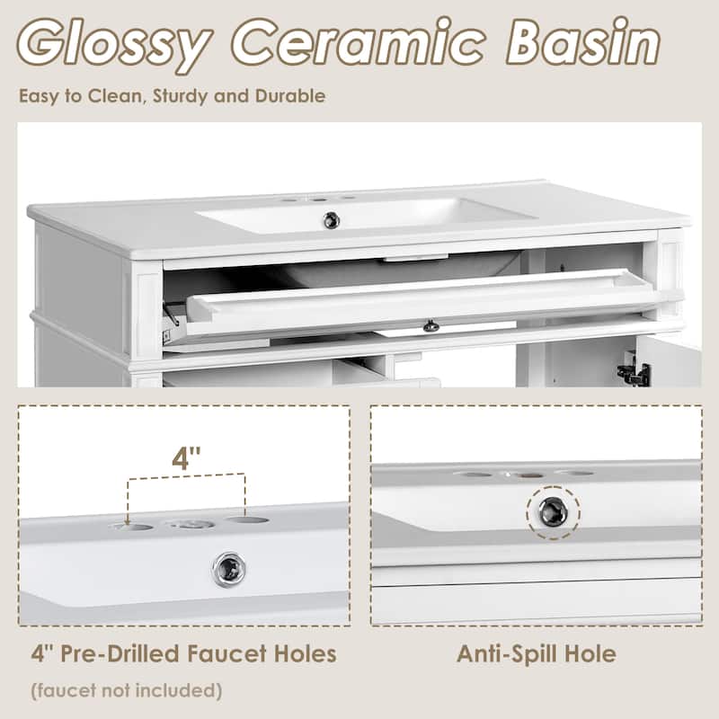 36" Bathroom Vanity with Ceramic Sink, Ample Storage with 2 Drawers and Tip-out Drawer, Modern Design