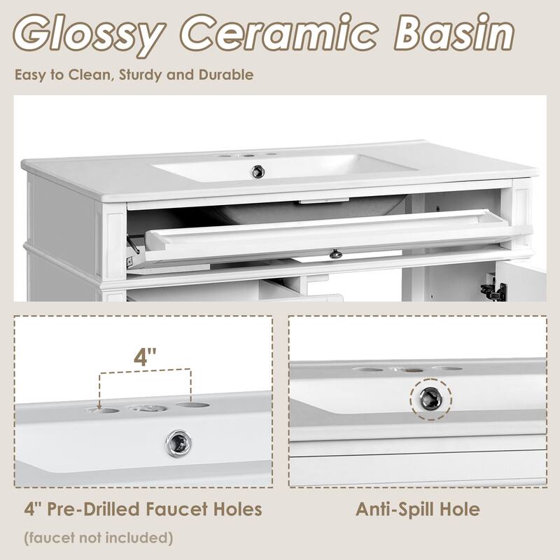 GDFStudio - Carradine Modern Freestanding Bathroom Vanity with Ceramic Sink and 2 Drawers & a Tip-out Drawer - 36'W