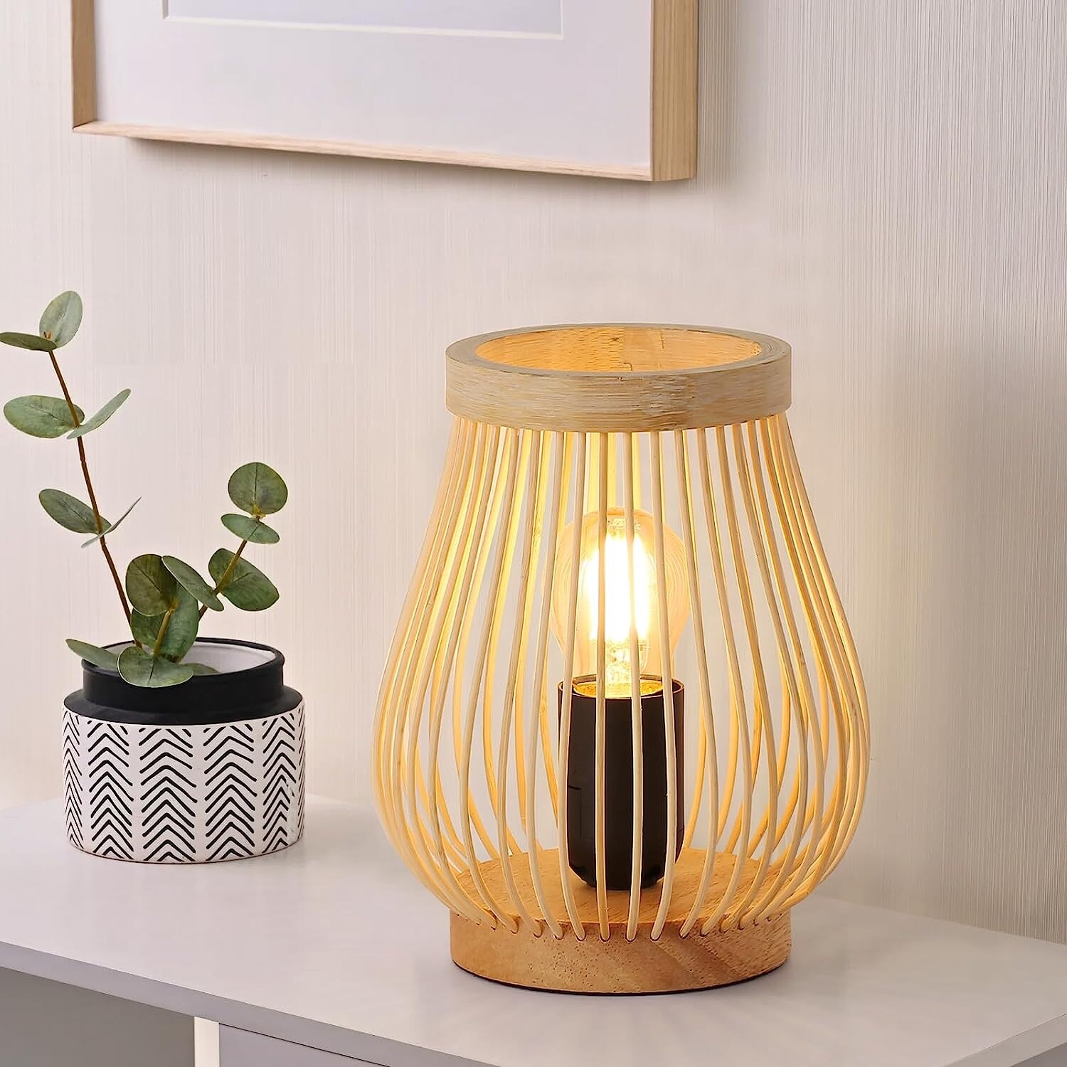 Farmhouse Natural Bamboo Rattan Table Lamp Boho Handmade Woven Round Lampshade Nightlight Industrial Desk Light for Bedroom On Sale Bed Bath Beyond 38139405