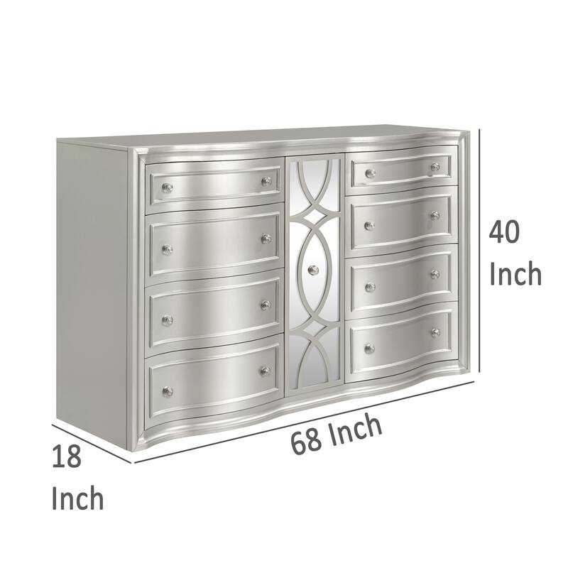 Felix Wide Dresser with 8 Bow Front Drawers, Silver Solid Wood 68 Inch