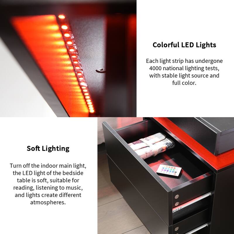 LED Bedside Table with 2 Drawers - Multi-Color Adjustable Lights, Modern White Nightstand for Bedroom & Living Room