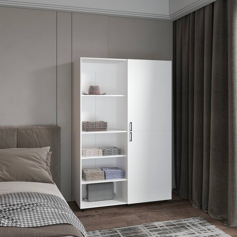 High Two Door Freestanding Armoire With Hanging Rod And Interior Shelves,Compact Bedroom Wardrobe - White