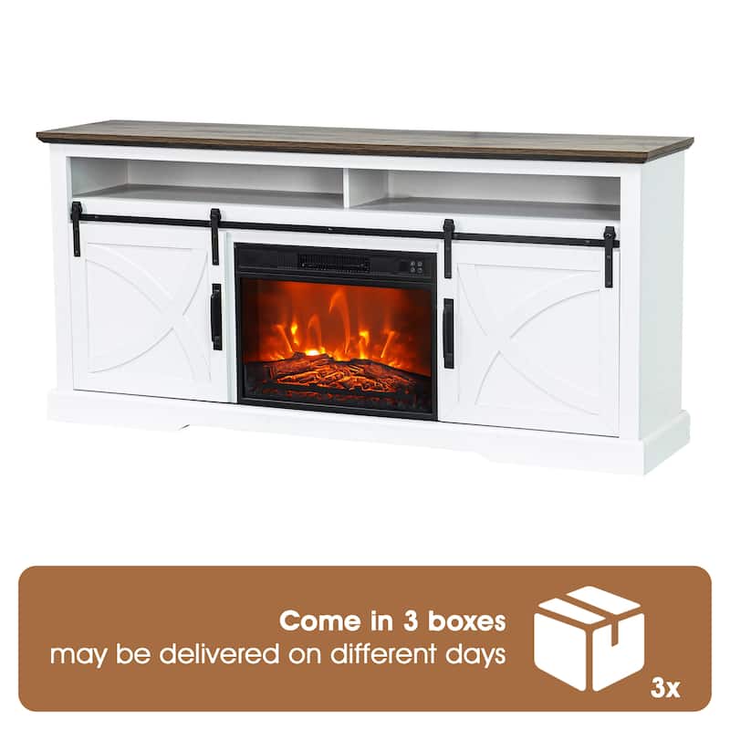 68" Farmhouse Sliding Barn Door Fireplace TV Stands Console Table with 23" Electric Fireplace